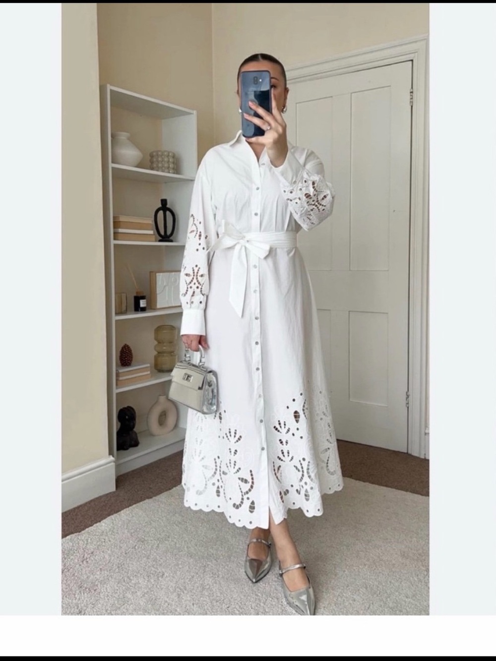 H&M Women's White Eyelet Embroidered Lace Trimmed Maxi Dress Large